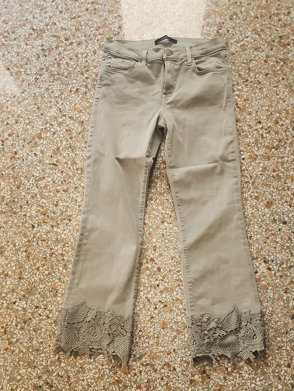J Brand Olive-Taupe Cropped Jeans with Lace Hem
